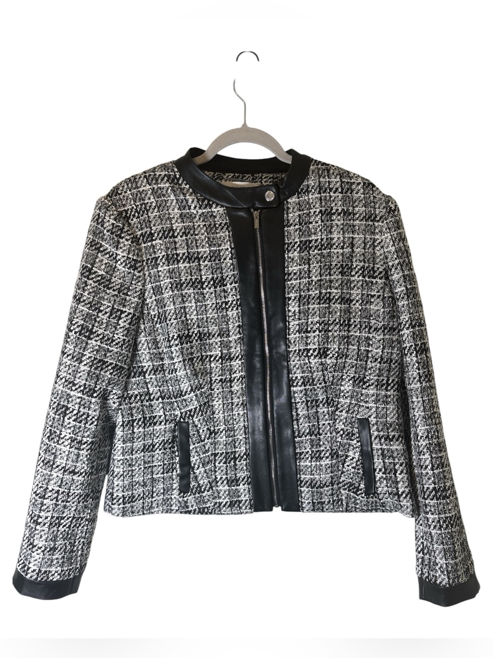 ⭐️ Calvin Klein Black & White Tweed blazer/ Jacket with Faux Leather Trim -sz 14